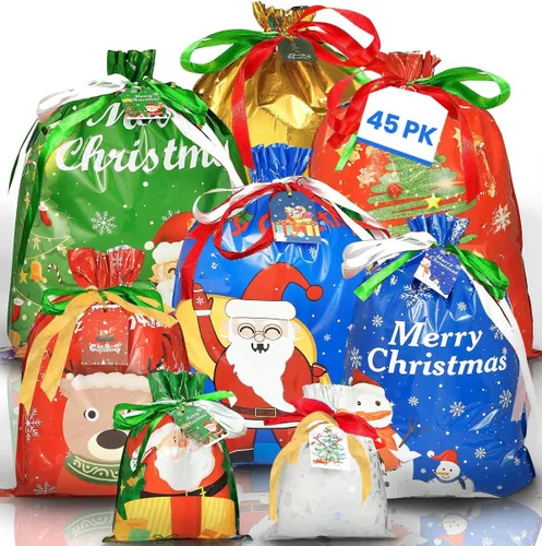Shineloha Paquete de 45 bolsas de regalo de Navidad con cordón (XL+L+M+S) con etiquetas, bolsas de regalo de Navidad con cordón, envoltura de