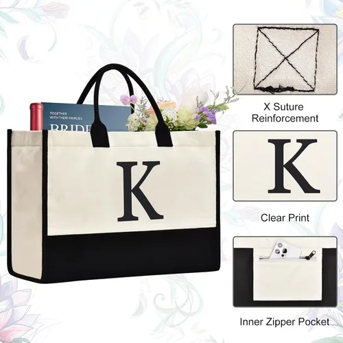 Miniatura 61 de Initial Canvas Tote Bag Birthdays Gift for Women Mom Teacher Friend Bridesmaid,Custom for Wedding Beach Holidays