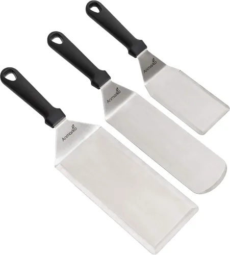Miniatura 7 de Juego de espátulas de metal para hamburguesas de acero inoxidable, espátula para parrilla de barbacoa, parte superior plana Juego de mango de madera
