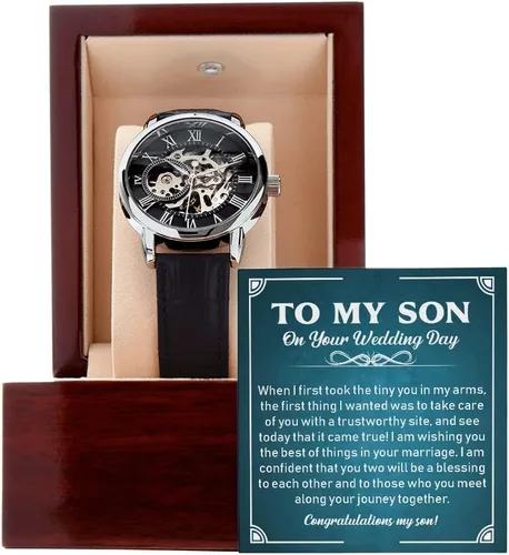 Reloj calado para hombre con tarjeta de mensaje especial regalo de boda para hijo reloj de boda para hijo regalo para novio de mamá regalo de papá