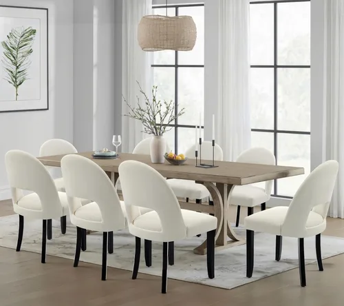 Miniatura 19 de Juego de 2 sillas de comedor de madera, modernas sillas de comedor tapizadas para cocina con tela de lino y respaldo abierto, patas de madera