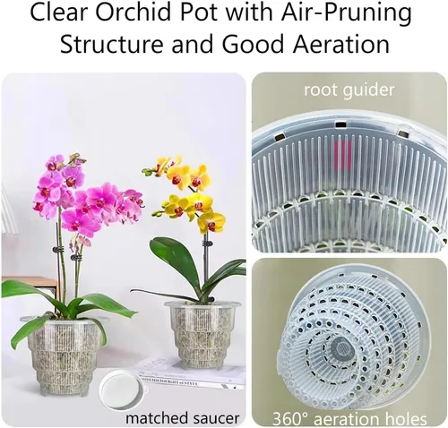 Miniatura 2 de Macetas transparentes para orquídeas con agujeros y platillos para trasplantar, las macetas de plástico para orquídeas proporcionan una buena