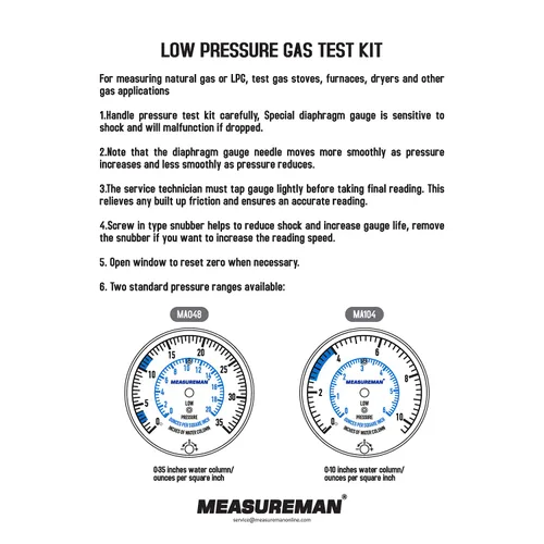 Miniatura 9 de MEASUREMAN Kit de prueba de presión de colector de gas natural o gas LP, 0-35 "W.C., 1/4" NPT, manguera de 40" de longitud