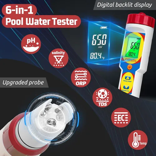 Miniatura 6 de Medidor digital de pH y salinidad para agua salada, acuario, piscina, probador de sal para piscina, 6 en 1, sal de pH mejorada, ORP, EC, TDS, kit