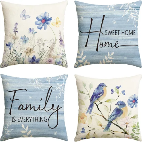 AVOIN colorlife - Juego de 4 fundas de cojín decorativas con flores, mariposas y pájaros de la primavera, con texto "Home Sweet Home" en azul de 16