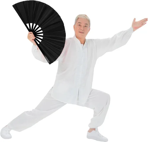 Miniatura 6 de Paquete de 2 ventiladores de mano plegables grandes para hombres y mujeres, fanáticos rave, ventilador chino de Kung Fu Tai Chi, abanicos de mano