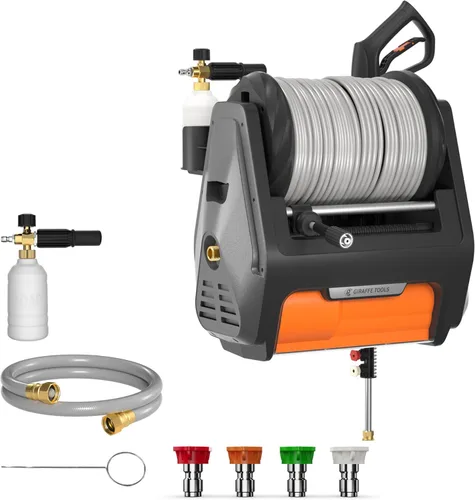 Giraffe Tools Grandfalls - Lavadora a presión retráctil Pro, lavadora a presión de montaje en pared, lavadora de energía eléctrica, rebobinado