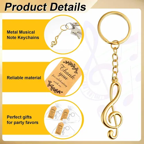 Miniatura 3 de Taiyin Juego de 15 llaveros de notas musicales con bolsas de organza, baratijas de metal g para decoración de recuerdos de fiesta de boda (dorado)