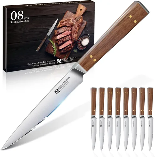 Miniatura 17 de Juego de 4 cuchillos de carne serrados de Purple Dragon de acero alemán de alto carbono con mango cuadrado de madera - Corte sin esfuerzo - Regalo