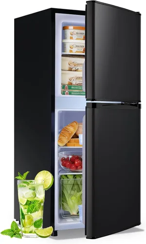 DEMULELR - Refrigerador pequeño de 3.9 pies cúbicos con congelador, refrigerador de dos puertas con cajón para verduras y espacio extra para