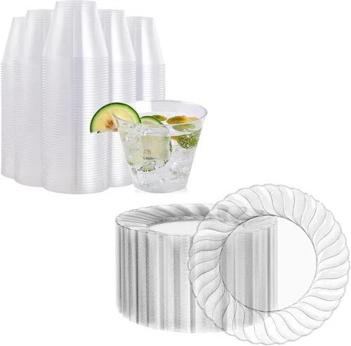 FOCUSLINE 300 platos de plástico de 9 pulgadas y vasos de 9 onzas, platos y tazas desechables resistentes y elegantes para fiestas de bodas, eventos