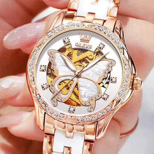 Miniatura 7 de OLEVS Relojes de oro rosa para mujer correa de acero inoxidable de cerámica reloj mecánico automático calendario de puntero luminoso impermeable