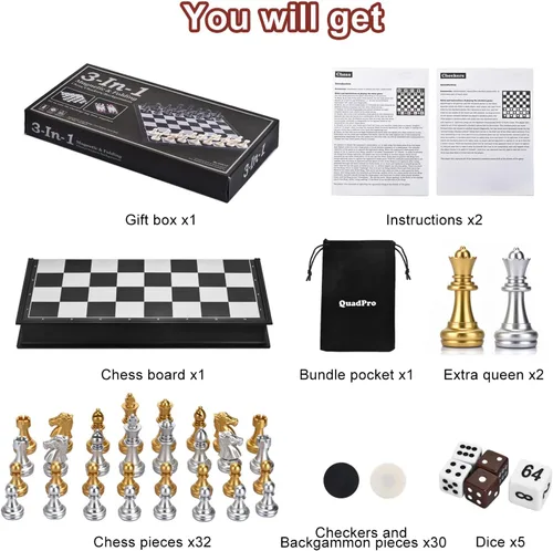Miniatura 7 de Juego de mesa de backgammon magnético 3 en 1 con tablero plegable de 12.5 pulgadas para niños y adultos (Ajedrez: oro y plata)