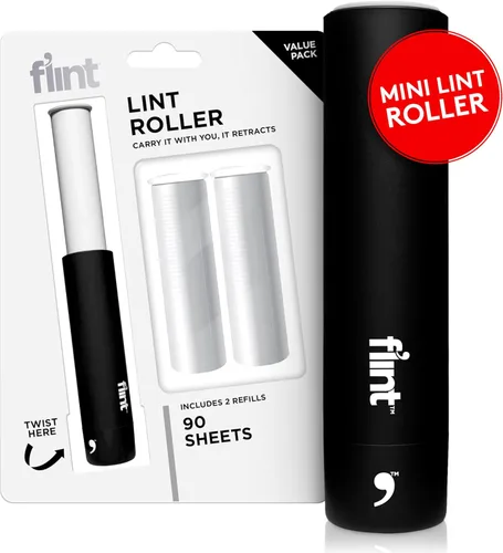 Flint Mini rodillo retráctil negro clásico con 90 hojas extra adhesivas, rodillo de pelusa pequeño y portátil, removedor de pelo de mascotas ideal,