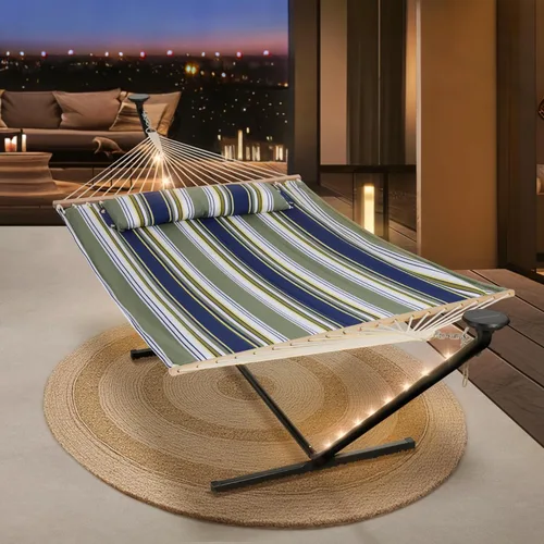 Miniatura 11 de SUNCREAT Hamaca doble con soporte de 12 pies, luces solares incluidas, hamaca al aire libre para exterior, gris oscuro