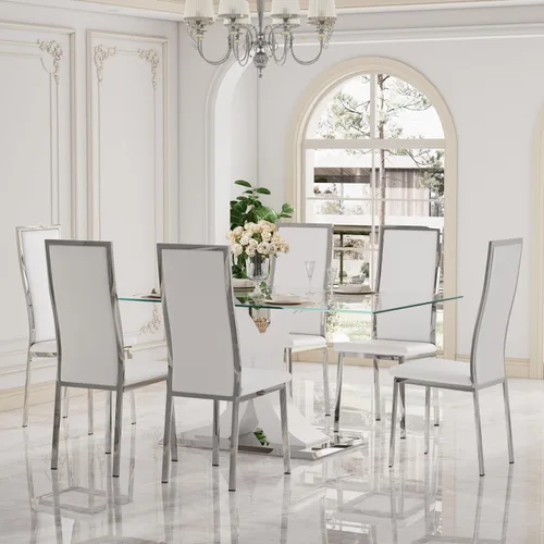 Miniatura 23 de Moderno juego de mesa de comedor rectangular de vidrio para 4, 63 pulgadas, mesa transparente de cocina de lujo con base negra y dorada, 4 sillas