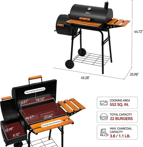 Miniatura 4 de Royal Gourmet CC1624W - Parrilla de carbón de barril con ahumador desplazado, área de cocción de 552 pulgadas cuadradas, estante frontal y lateral