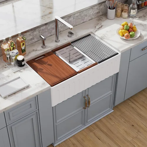 Miniatura 16 de Farm - Fregadero de cocina reversible con 24 unidades, color blanco, 24 x 18 pulgadas, delantal frontal de porcelana blanca, de cerámica y arcilla