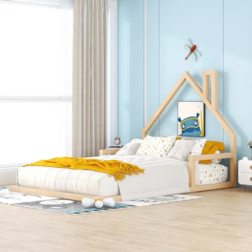 Miniatura 15 de Quarte Cama de plataforma de madera de tamaño matrimonial para niños con cabecera en forma de casa y luces nocturnas activadas por movimiento,