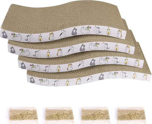 Miniatura 17 de PatiencET Paquete de 4 almohadillas para arañazos para gatos con caja, rascador de cartón para gatos de interior, rascador reversible con caja