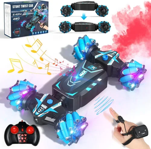 Axirata - Coche de control remoto controlado a mano, coche de acrobacias RC con gestos con spray, luces y música para niños de 6 a 13 años, 4WD