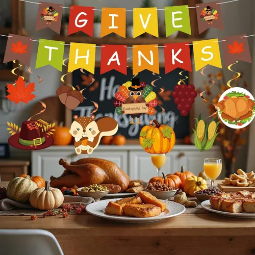 Miniatura 5 de Decoraciones de Acción de Gracias, pancarta de agradecimiento y pavo y calabaza, arce, remolinos colgantes para interiores, hogar, oficina, aula