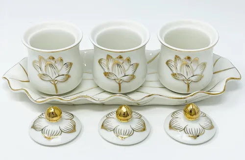 Miniatura 3 de Houlu Juego de 3 tazas de altar, taza de cerámica para ofrenda de agua bendita, taza de adoración budista tibetana (blanco)
