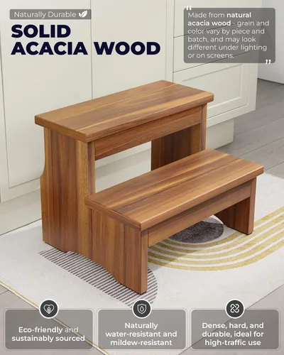 Miniatura 2 de FANATU Taburete de madera de dos escalones, escalera resistente de 2 escalones para adultos y niños, soporta hasta 450 libras para uso en cocina