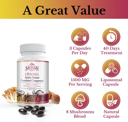 Miniatura 7 de Suplemento correlacionado de hexosa activa liposomal de 1500 mg, 120 geles blandos beta-glucanos con extracto de hongos naturales, sistema