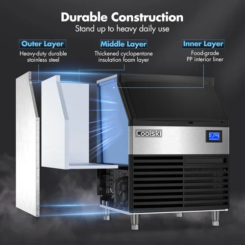 Miniatura 5 de Coolski Máquina comercial para hacer hielo de 200 libras/24 horas, máquina de hielo debajo del mostrador de 26 pulgadas con capacidad