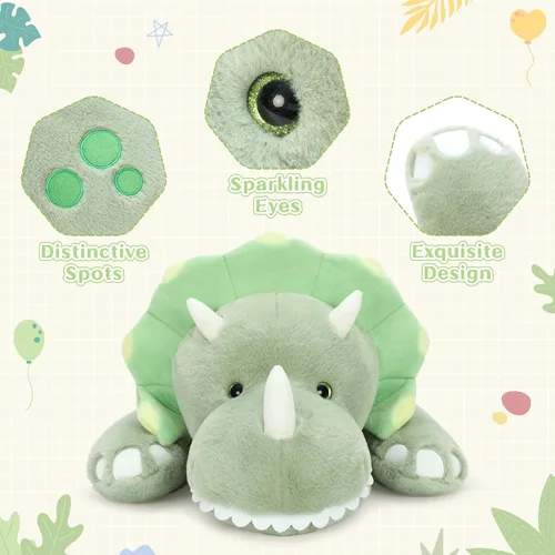 Miniatura 5 de Tezituor Animales de peluche de dinosaurio de 5 libras, 32 pulgadas, gran relleno verde de dinosaurio triceratops, juguete que brilla