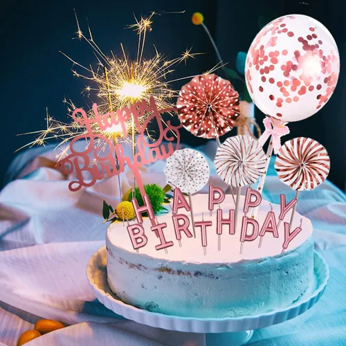 Miniatura 6 de Decoración de pastel de oro rosa con velas de feliz cumpleaños, decoración de pastel de cumpleaños acrílico, globo de confeti y abanicos de papel