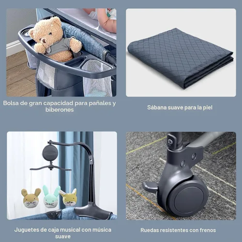 Miniatura 5 de BabyBond Cuna para bebé, cuna de noche, paquete y juego con sábana, cambiador de pañales y móvil de música desde recién nacidos hasta niños