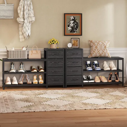 Miniatura 6 de EXOTICA Banco de entrada de 3 niveles con almacenamiento para zapatos, banco con 4 cajones de tela, marco metálico y tablero de madera, zapatero