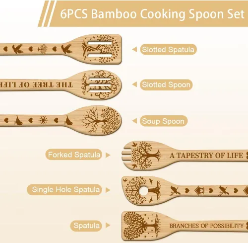 Miniatura 2 de GLOBLELAND Juego de 6 cucharas de madera del árbol de la vida, juego de utensilios de cocina de bambú para mujeres y hombres, juego de espátulas