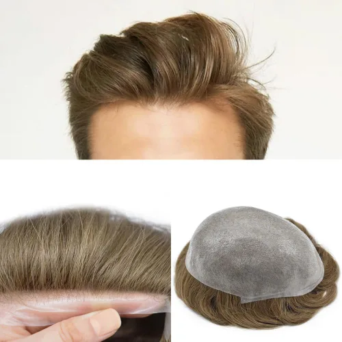 Tupé de piel ultra fina para hombres pieza de cabello humano real sistema de reemplazo 0.002 in Mens Toupee Hairpiece para hombres V-Loop 8x10 80%