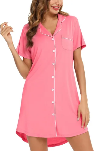 Miniatura 8 de Samring Camisón de pijama para mujer, manga corta/larga, con botones, camisón para dormir, camisón para novio, talla XXL