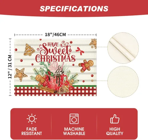 Miniatura 6 de Artoid Mode Juego de 4 manteles individuales de Navidad con helado de jengibre, 12 x 18 pulgadas, para decoración de fiestas, cocina, comedor