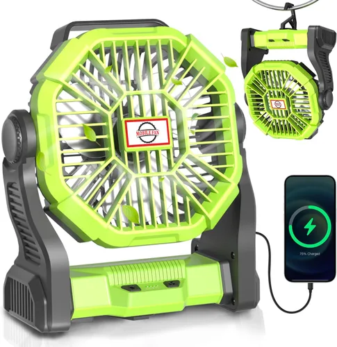 Miniatura 9 de AEscod Ventilador de camping portátil, recargable con luces LED, gancho para colgar, rotación de 270°, ventilador de batería de 20000 mAh