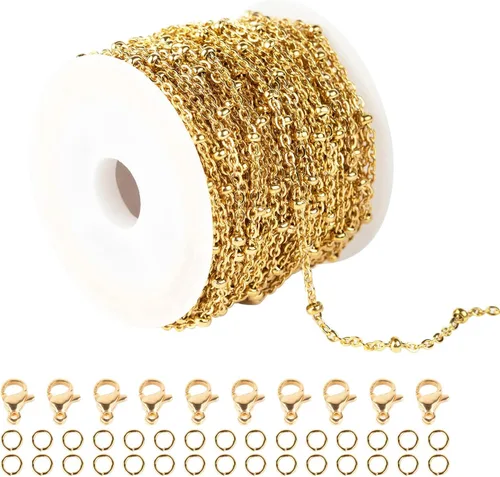 Miniatura 8 de YOUBEIYEE Cadena de acero inoxidable de 16.4 pies para hacer joyas, cadenas chapadas en oro con clip en relieve, a granel con anillos de salto