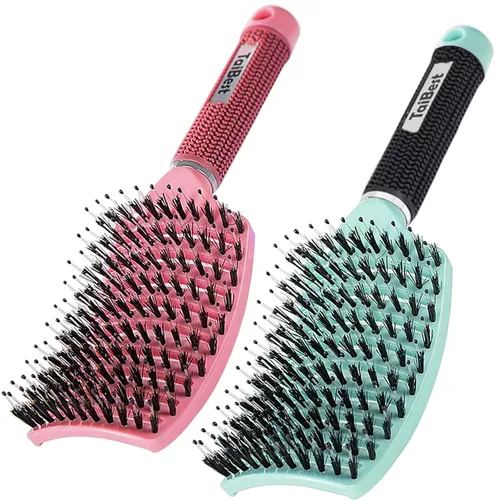 Miniatura 12 de Juego de cepillos de cerdas de jabalí – Cepillo desenredante para cabello seco, húmedo para cabello fino, grueso y rizado, cepillo de pelo curvado