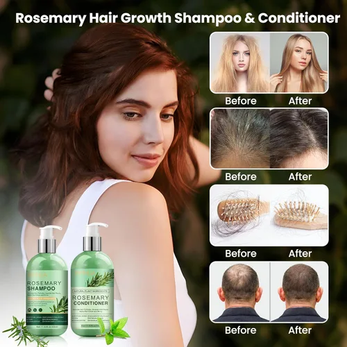 Miniatura 2 de Set de champú y acondicionador para el crecimiento del cabello con romero: infundido con aceite de árbol de té, menta y biotina - Limpia y ayuda a