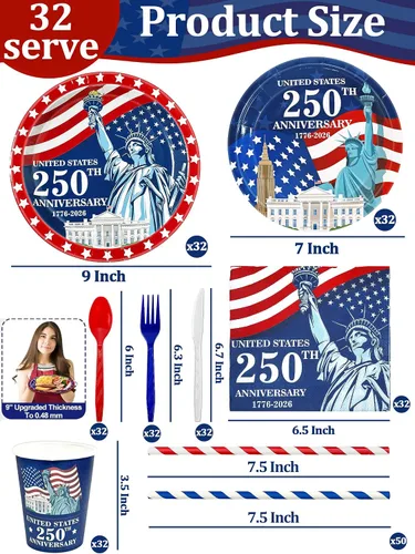 Miniatura 2 de 256 piezas de decoración del 4 de julio, 250 aniversario, bandera patriótica estadounidense, suministros para fiesta, 32 4 de julio, platos de papel