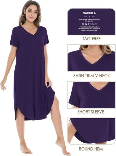 Miniatura 4 de NACHILA Camisones para mujer, viscosa hecha de bambú, cuello en V, manga corta, ropa de dormir fresca S-2X
