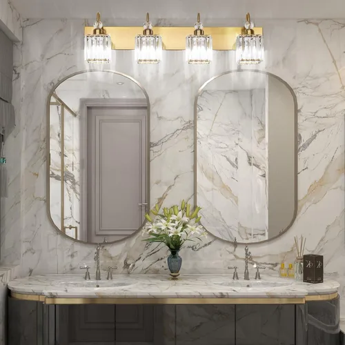 Miniatura 5 de Ralbay - Luces de tocador de baño de cristal doradas, 4 luces, para usar sobre el espejo, modernas lámparas de pared de baño de cristal dorado
