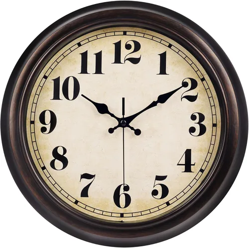 45MinST Reloj de pared grande vintage de 13 pulgadas rojo-marrón, de cuarzo, funciona con batería, movimiento silencioso y preciso sin tictac con 13