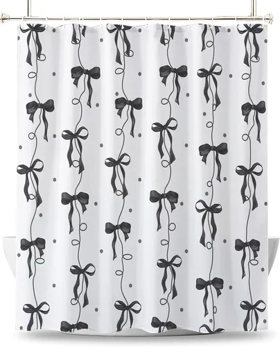 Miniatura 9 de Cortina de ducha con lazo negro, bonita cortina de ducha coqueta estética para adolescentes y niñas, decoración de tela impermeable con 12 ganchos