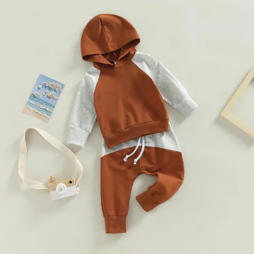 Miniatura 156 de Ropa de bebé niño 3 6 9 12 18 24M 3T Conjunto de pantalones con capucha patchwork sudadera con capucha pantalones de rayas traje de otoño invierno