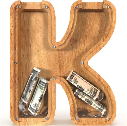 Miniatura 103 de Alcancía para niños y niñas, alcancía grande de madera personalizada con diseño recortado, bancos de monedas con letras del alfabeto, caja de ahorro