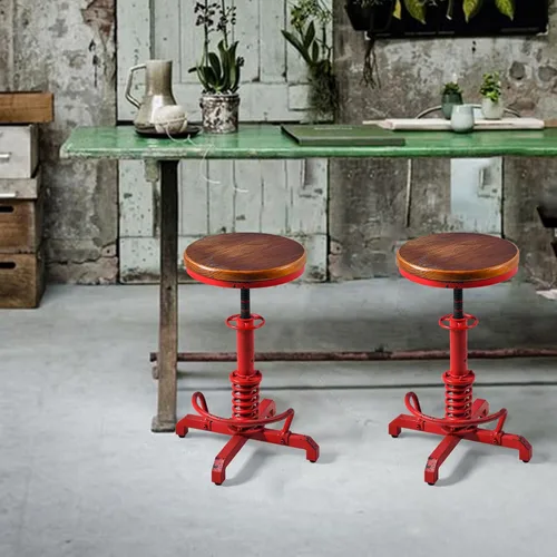 Miniatura 2 de Topower Industrial Retro Vintage Farm Asiento de madera Tractor Taburete Cocina Giratorio Altura Ajustable Taburete de bar Rojo Antiguo